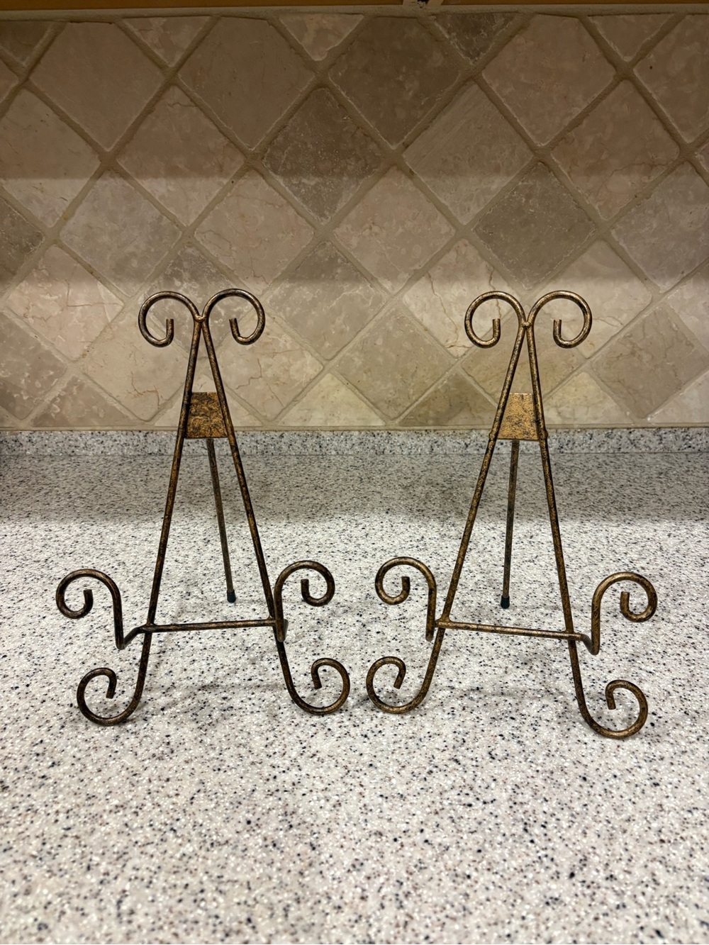 Pair of decorative metal tabletop display easels antique gold finish